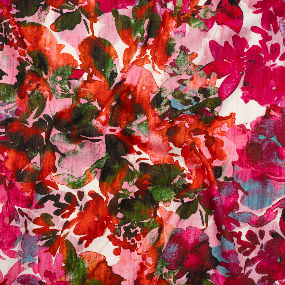 Brushed Cotton Woven - Fuchsia Pink, Red and Light Blue Striated Painted Flowers - Mood Exclusive Painter’s Bouquet Print - Joann Fabrics