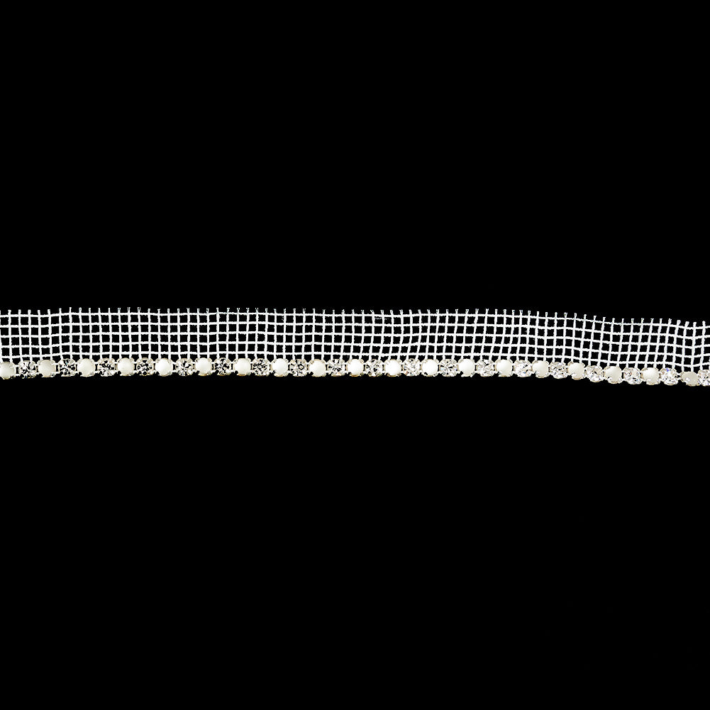 Vintage Crystal, Silver and Frosted Glass 1 Row Circular Rhinestones on White Mesh Trimming - 0.625
