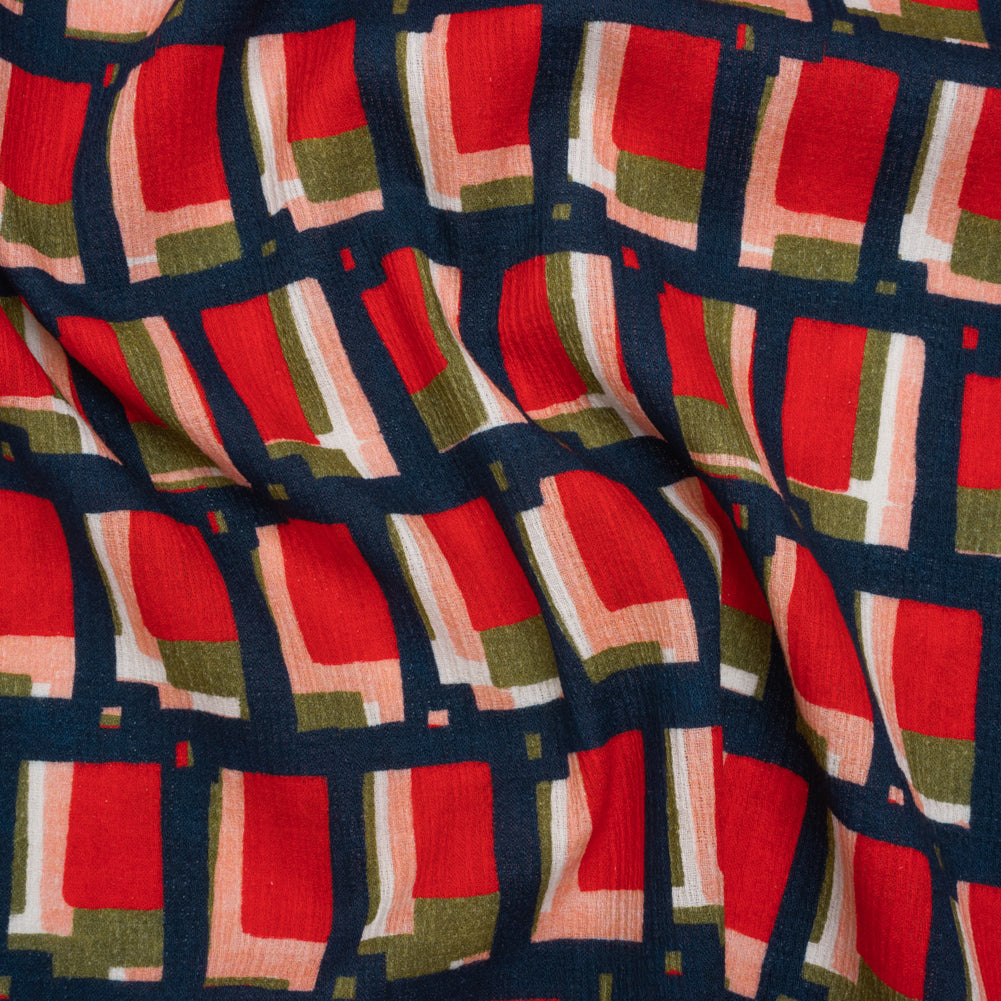 Slubbed Gauzy Cotton Woven - Red, Navy and Olive Green Geometric Blocks - Mood Exclusive Cubist Canvas Print - Joann Fabrics