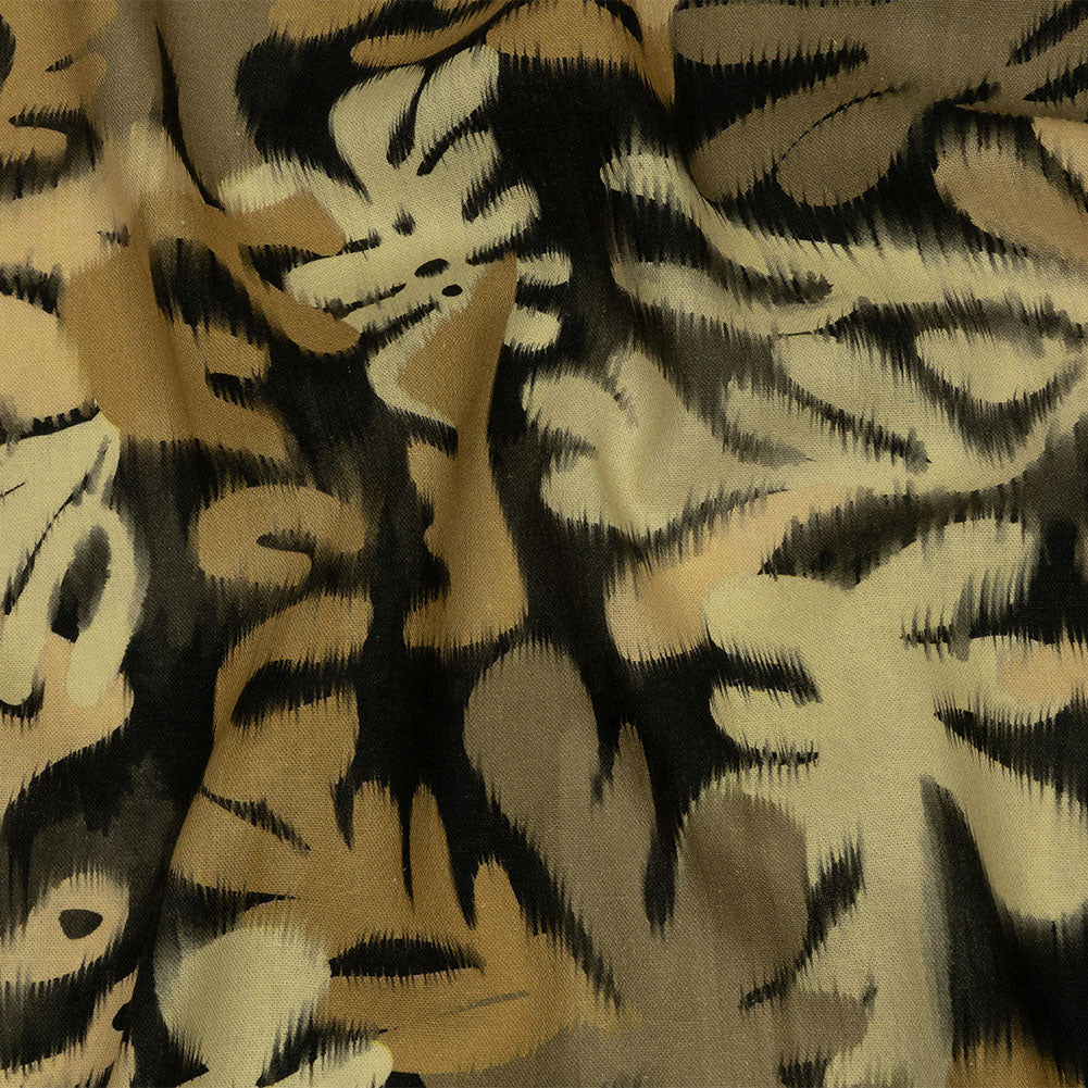 Linen and Rayon Woven - Black and Beige Ikat Leaves - Things We Leave Behind Print - Mood Exclusive Rockland Collection - Joann Fabrics