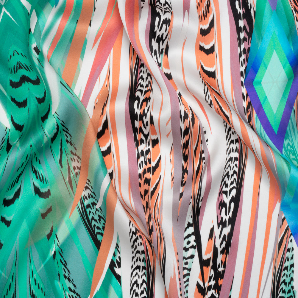 Silk Charmeuse Panel 16MM, Made in Italy - Turquoise, Mint and Coral Pink Fanning Feathers - Joann Fabrics