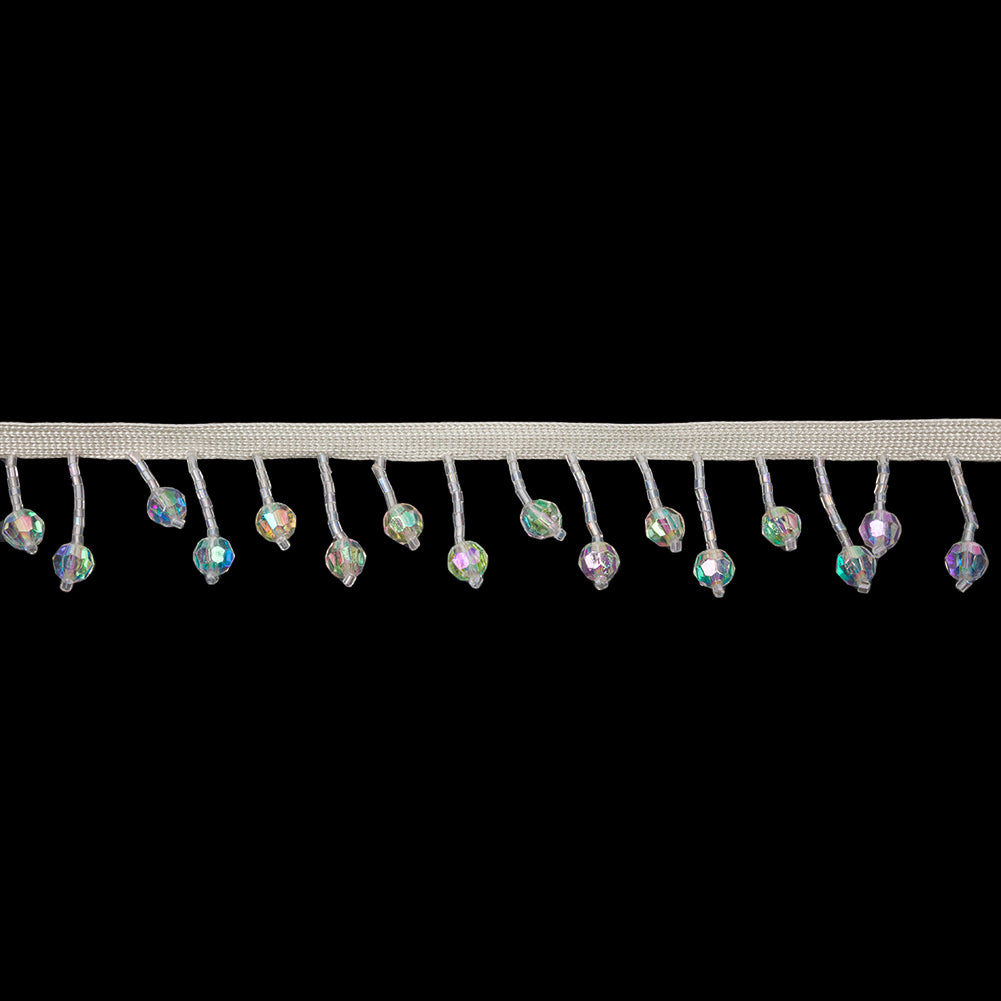Vintage Crystal AB Faceted and Seed Beaded Fringe Trim on Ivory Tape - 1.375