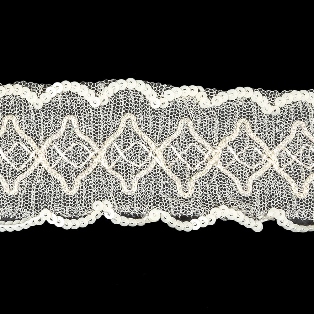 Iridescent Ivory Diamonds Embroidered and Sequined Lace Trim - 1.625