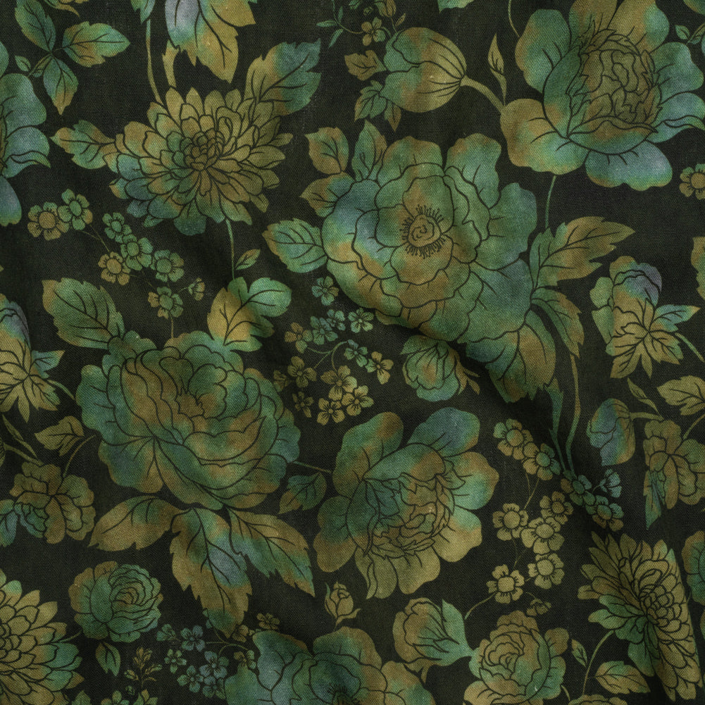 Linen and Rayon Woven - Green, Olive and Navy Floral - Secret Garden Print - Mood Exclusive Acadia Collection - Joann Fabrics