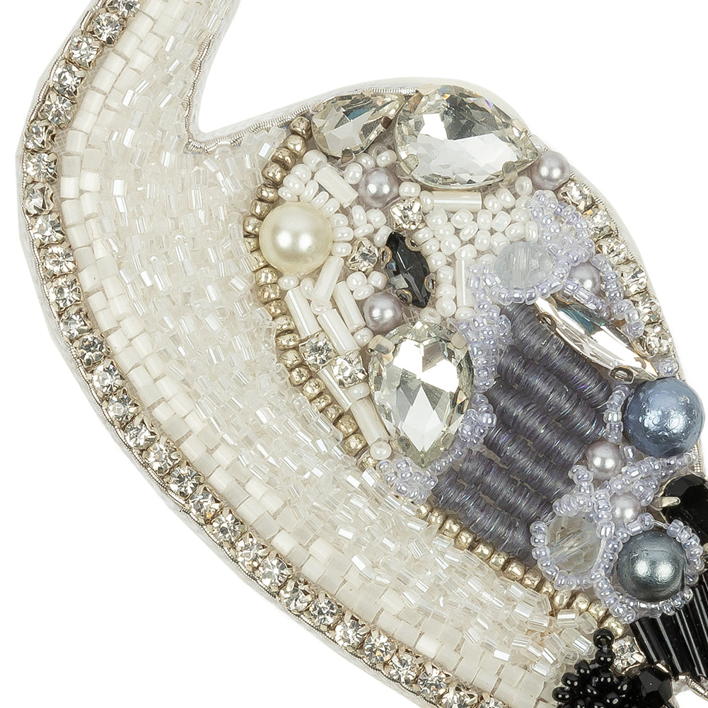 White, Gray and Black Crane Rhinestones and Glass Beaded Applique - 4.75