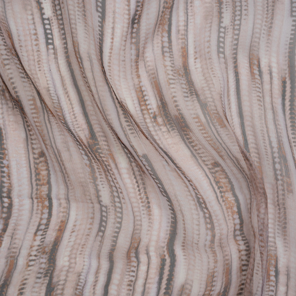 Crinkled Silk Chiffon Print - Lilac Gray, Brown and Black Feathery Stripes - Deadstock - Joann Fabrics