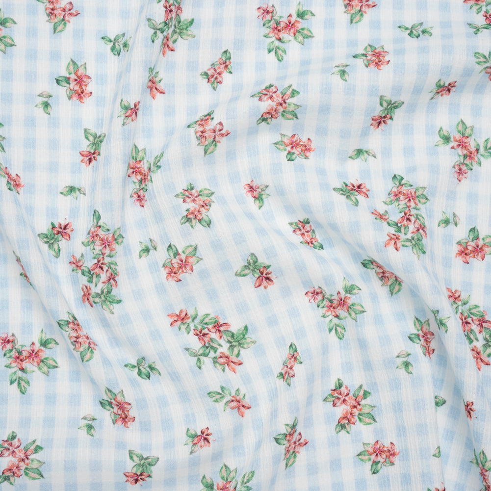 Slubbed Gauzy Cotton Woven - Pink and Green Flowers on Sky Blue Gingham - Mood Exclusive Picnic Petals Print - Joann Fabrics