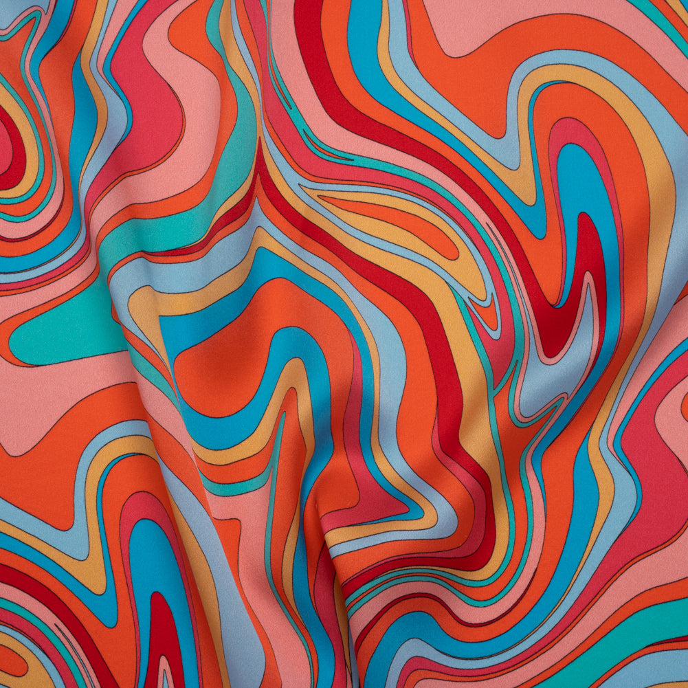 Silk Charmeuse Print 16MM, Made in Italy - Orange, Red and Blue Retro Swirls - Joann Fabrics