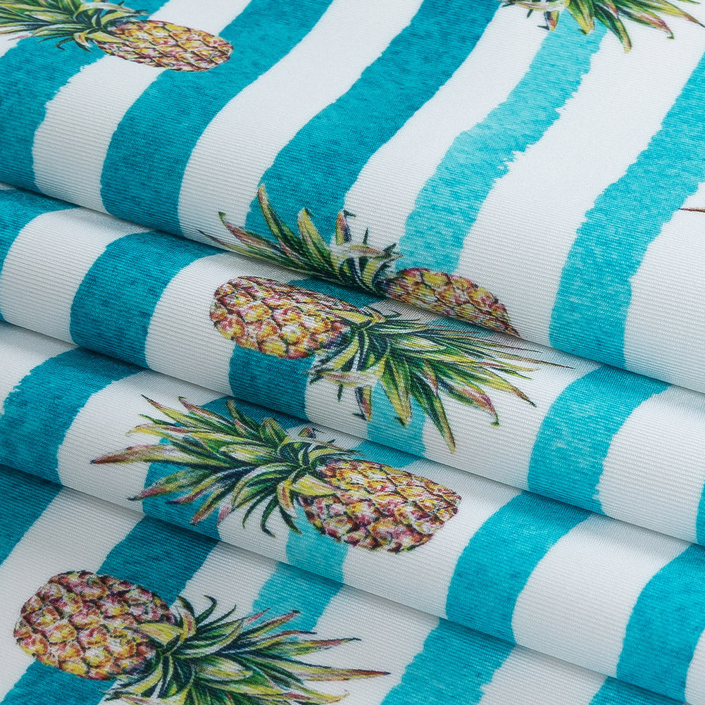 Compression Swimwear Tricot, UV Protective with Aloe Vera Microcapsules - Blue and White Painted Stripes and Pineapples - Caye Collection - Joann Fabrics