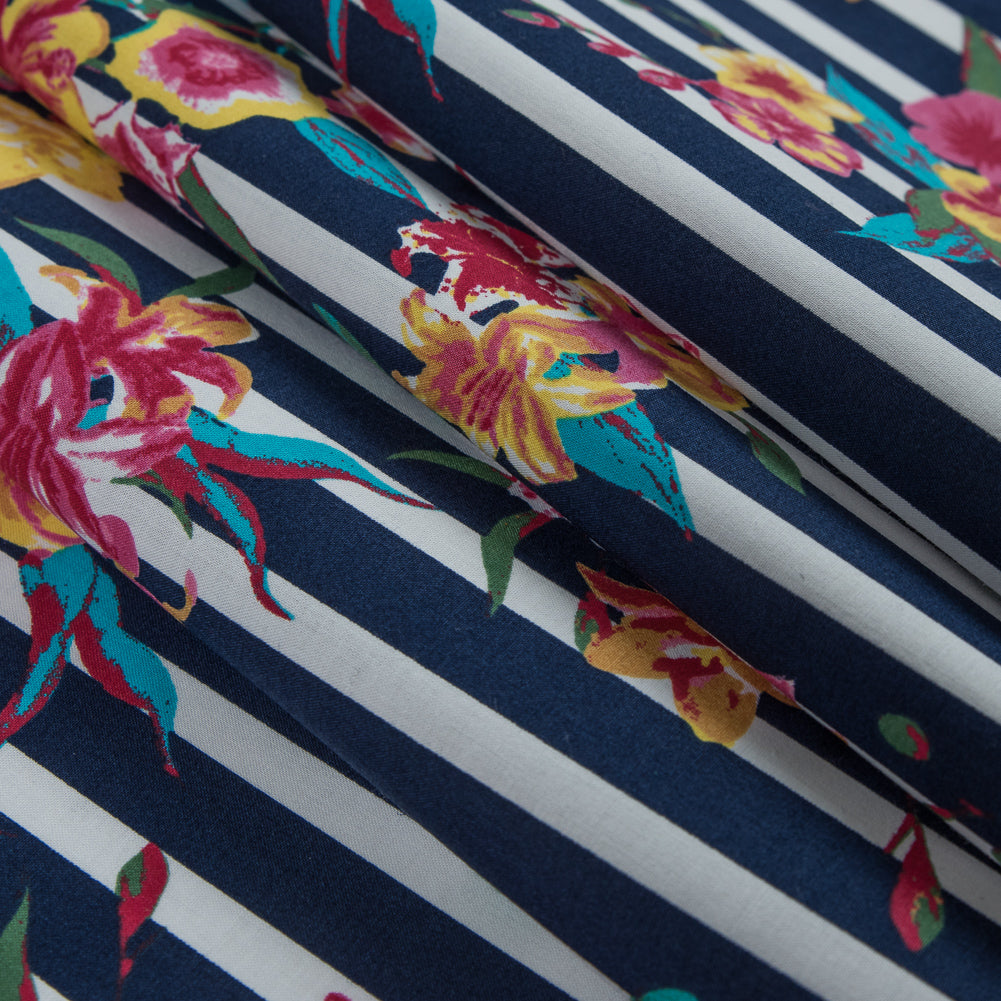 Navy/Multicolored Striped Floral Cotton Poplin - Joann Fabrics