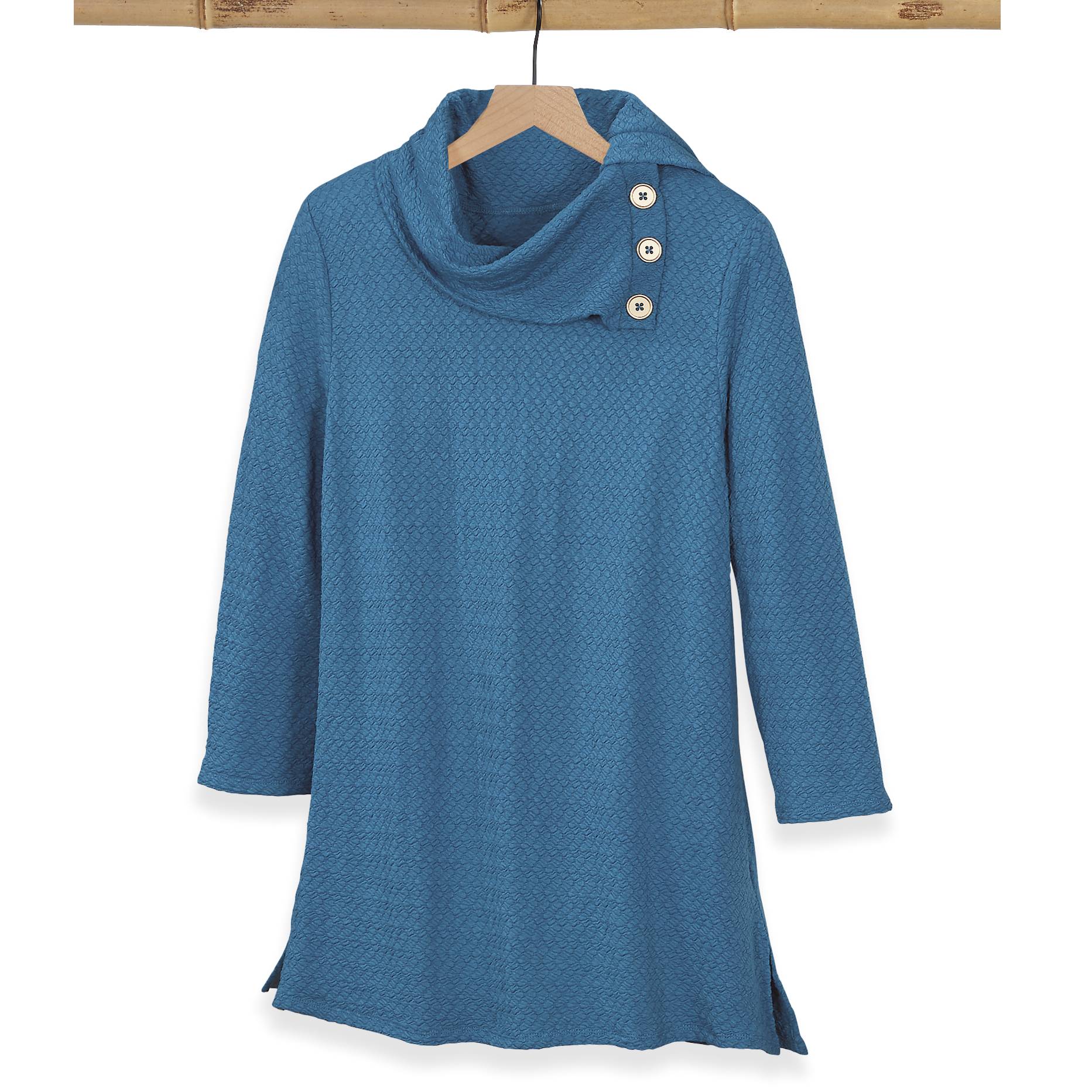 Textured Knit Button Envelope-Neck Top, 3/4 Sleeves, Side Slits - Northstyle Catalog