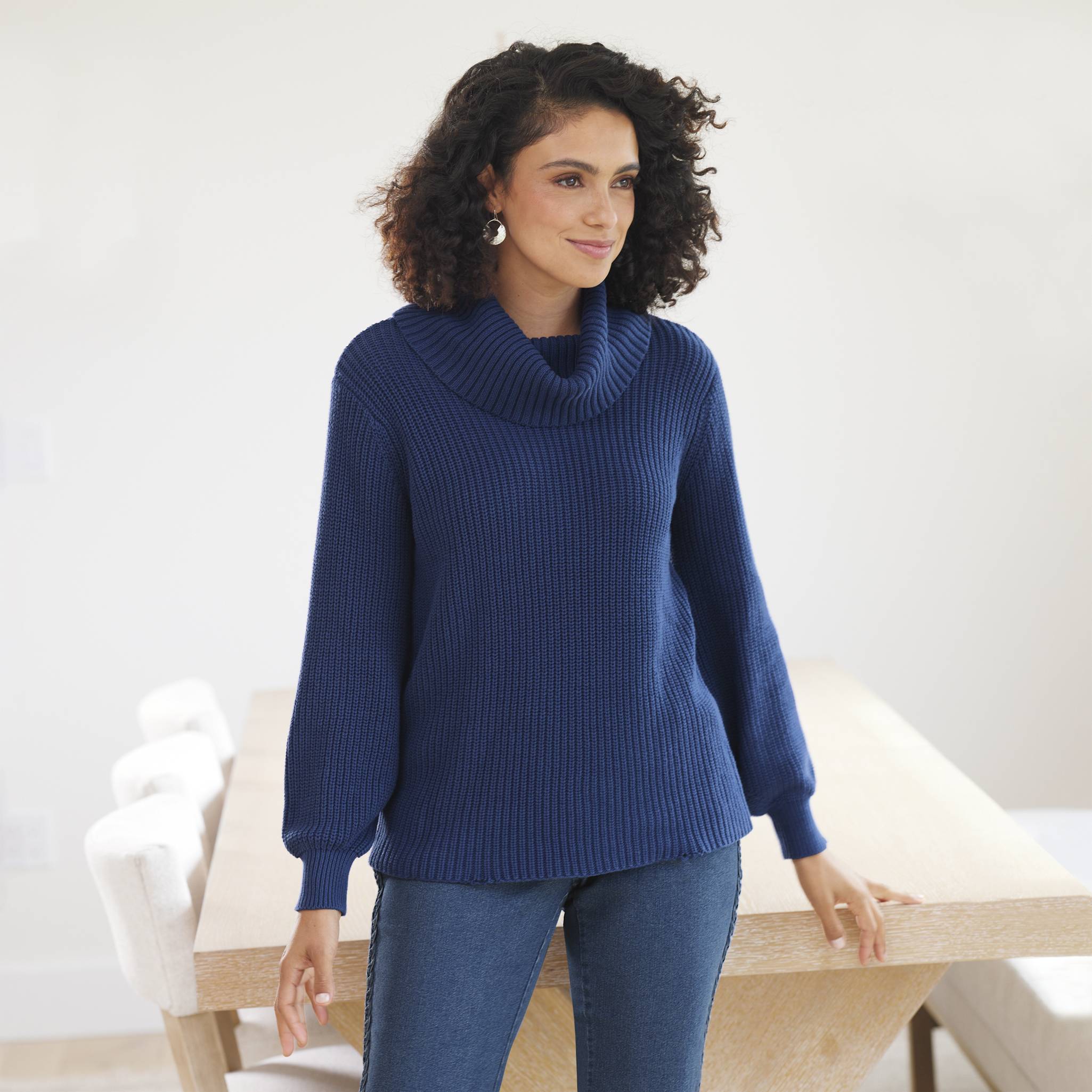 Shaker Stitch Cotton Cowlneck Pullover Sweater, Long Blouson Sleeves - Northstyle Catalog