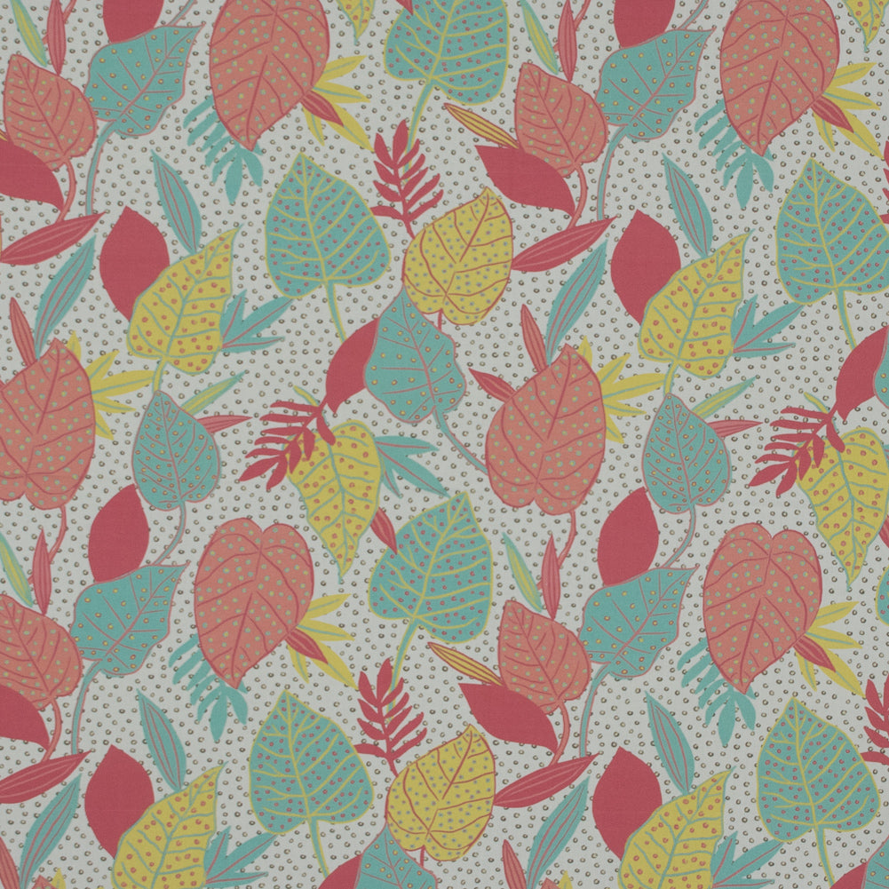 Cotton Poplin - White and Green Leaves and Dots - Botanique a La Discotheque Print - Mood Exclusive Avenable Collection - Joann Fabrics