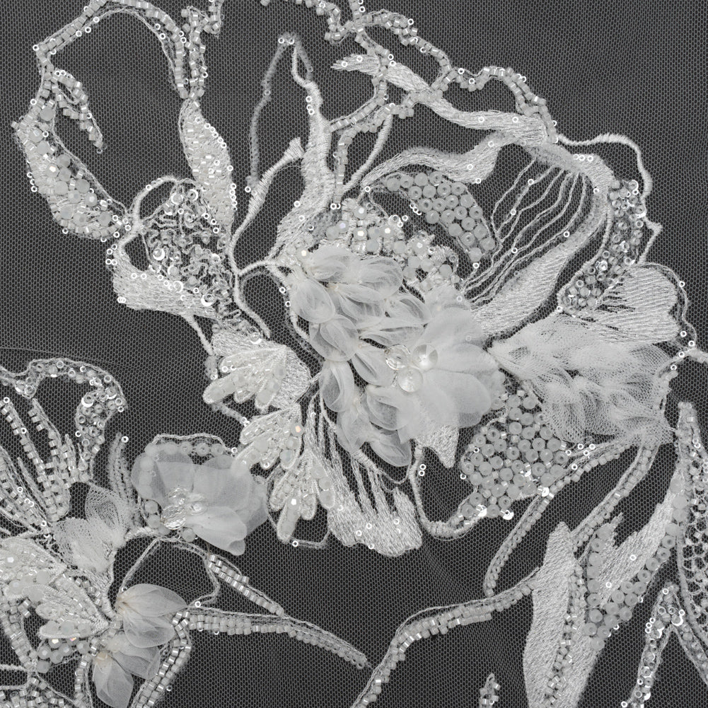 Embroidered and Beaded Bridal Tulle with 3D Fabric Flowers - Off White Fancy Florals - Joann Fabrics