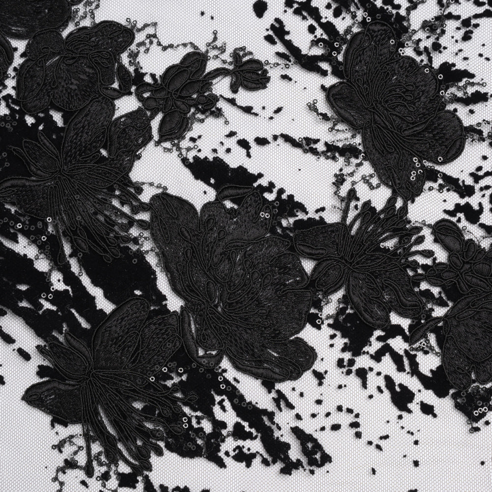 Embroidered Abstract Flocked Tulle with Baby Sequins - Black Floral - Joann Fabrics