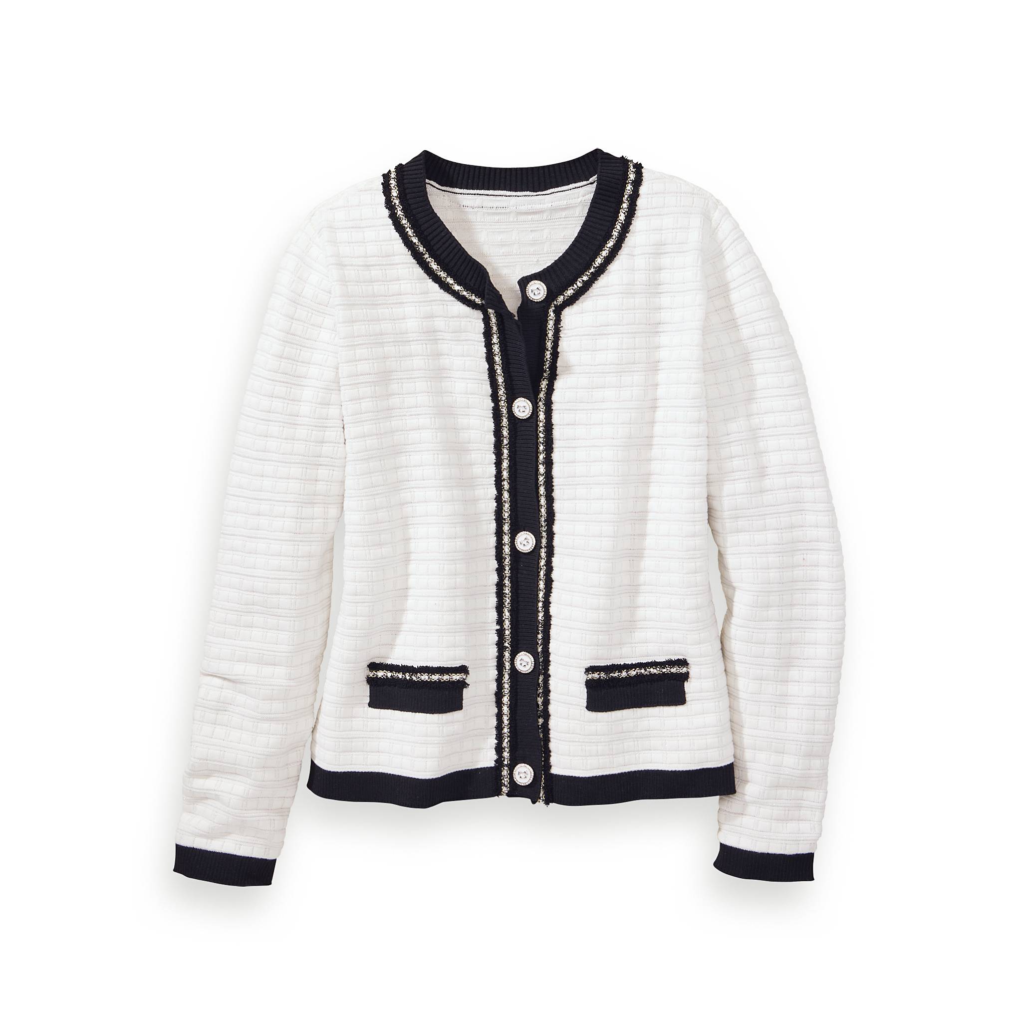 Embellished Cardigan, Textured Knit, Metallic Trim - Northstyle Catalog
