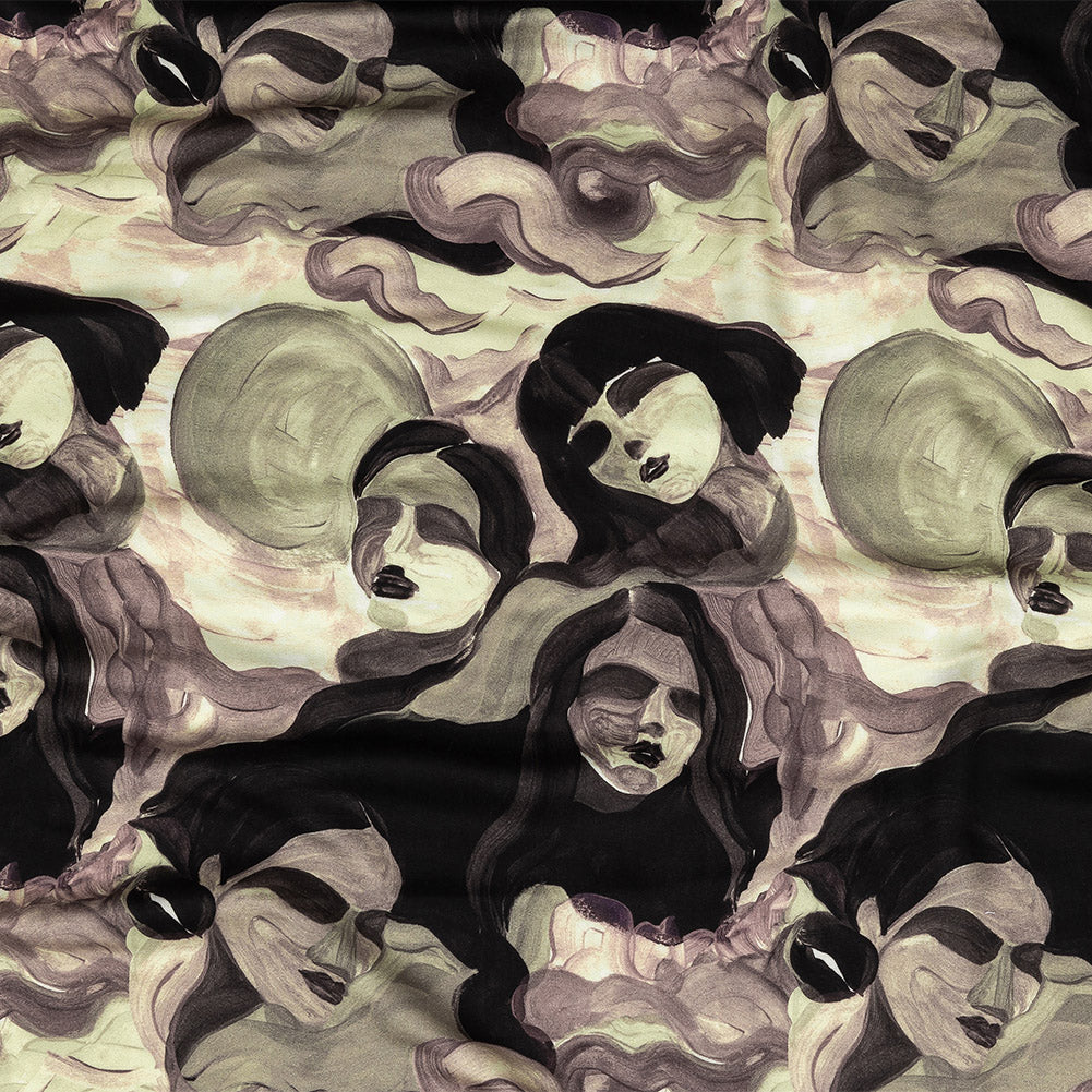 Rayon Challis - Purple and Green Painted Faces - Lost Lenore Print - Mood Exclusive Twilight Collection - Joann Fabrics