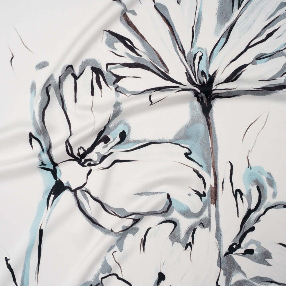 Polyester Satin - White, Gray and Sky Blue Inky Florals - Mood Exclusive Atamasco Ink Print - Joann Fabrics