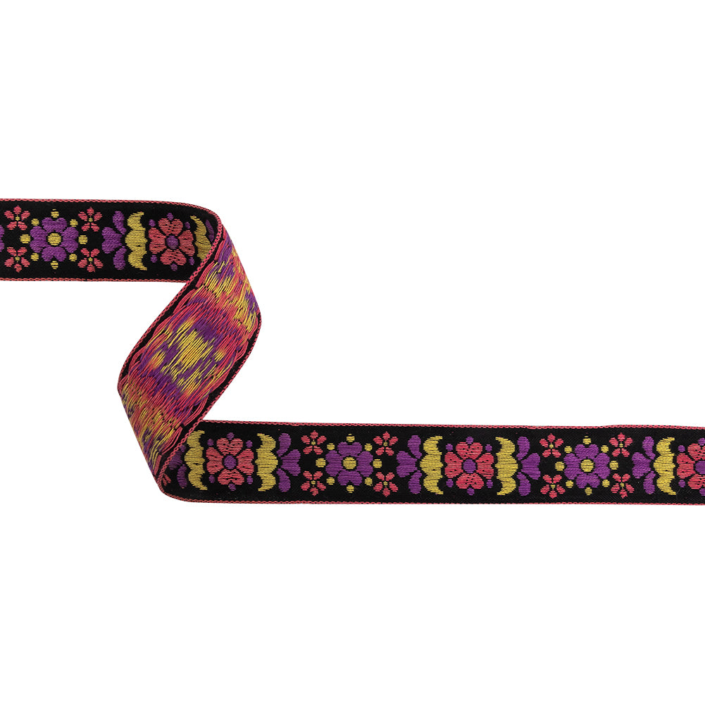Black, Pink, Yellow and Sunset Purple Floral German Jacquard Cotton Ribbon - 0.9375