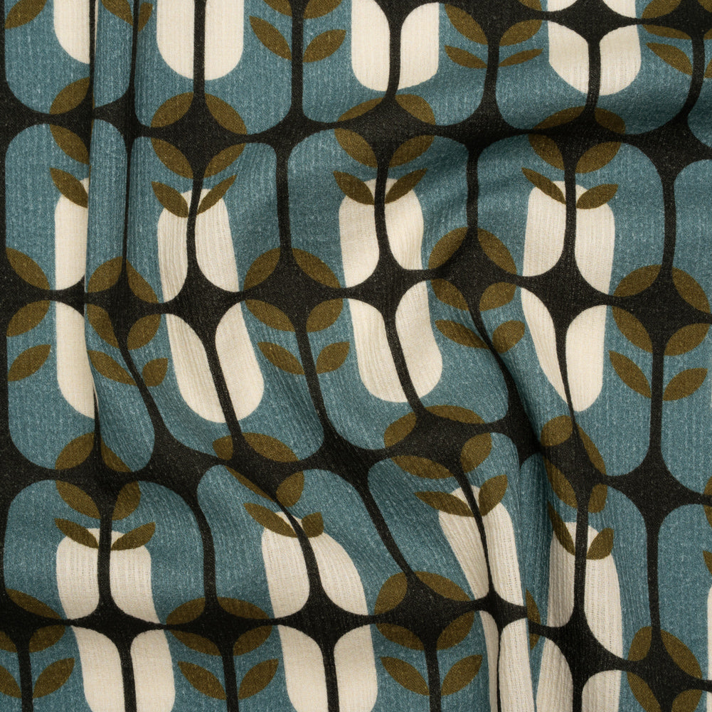 Slubbed Gauzy Cotton Woven - Mid Blue, Olive Green and Navy Geometric Floral Windows - Mood Exclusive Greenhouse Geometries Print - Joann Fabrics