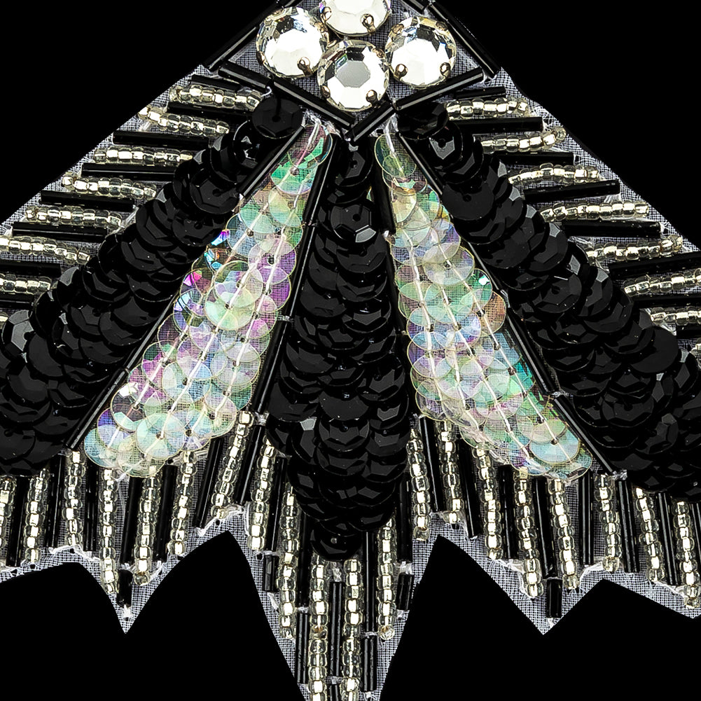 Vintage Crystal Iris and Black Sequins with Crystal Rhinestones Silver and Black Beaded Abstract Fan Applique - 4.25