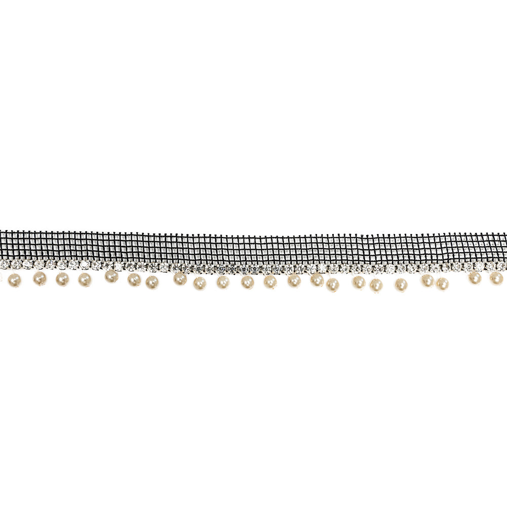 Vintage Crystal and Silver 1 Row Circular Rhinestone Trimming on Black Mesh with Faux Pearl Fringe - 1