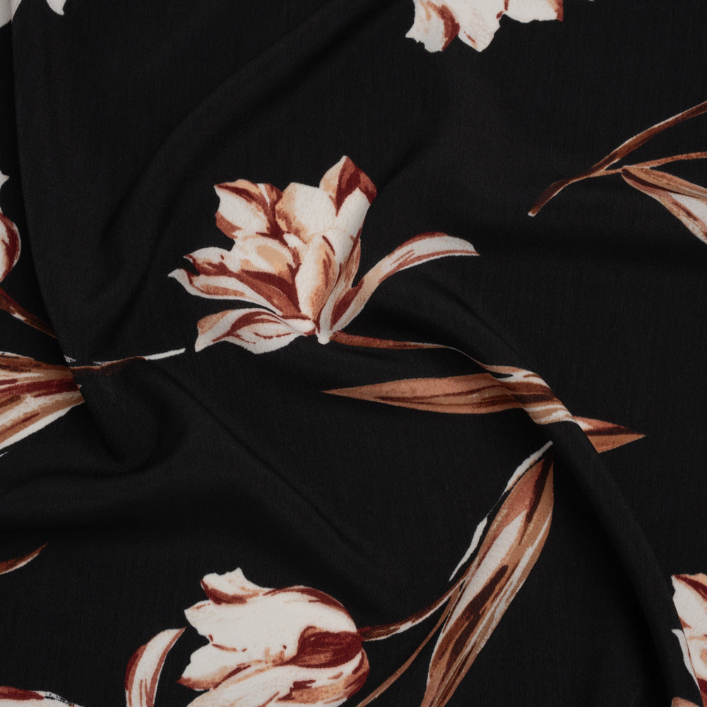 Polyester Crepe de Chine Print - Black, Brown and White Scattered Tulips - Designer Deadstock - Joann Fabrics
