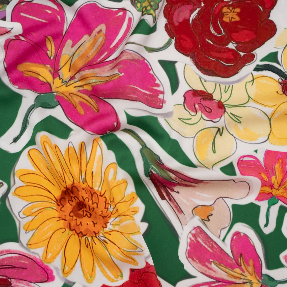 Polyester Satin - Green, Pink and Yellow Flower Sketches - Mood Exclusive Brushlight Blossoms Print - Joann Fabrics