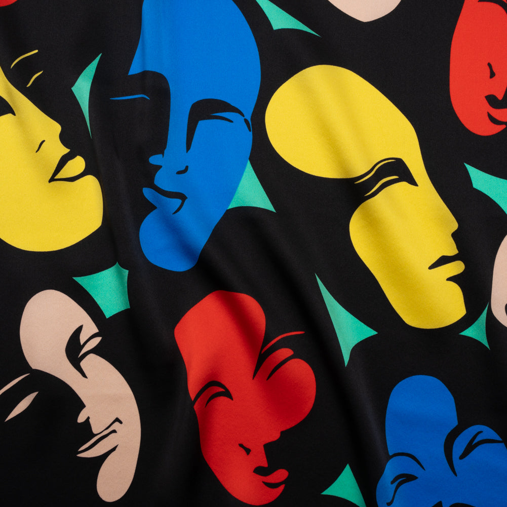 Silk Charmeuse Print - Black, Beige, and Primary Color Faces - Made in Italy - Joann Fabrics