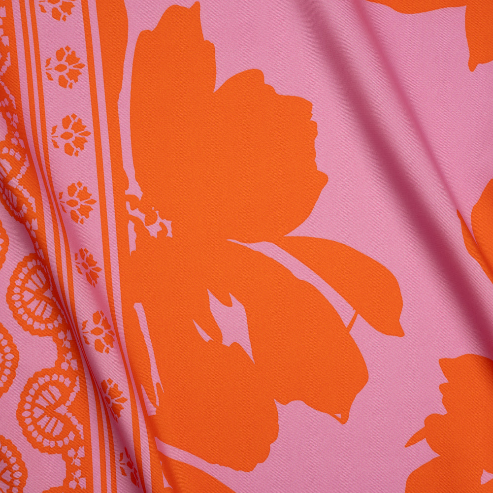 Polyester Twill - Pink and Red-Orange Florals and Striped Borders - Made in Italy - Joann Fabrics