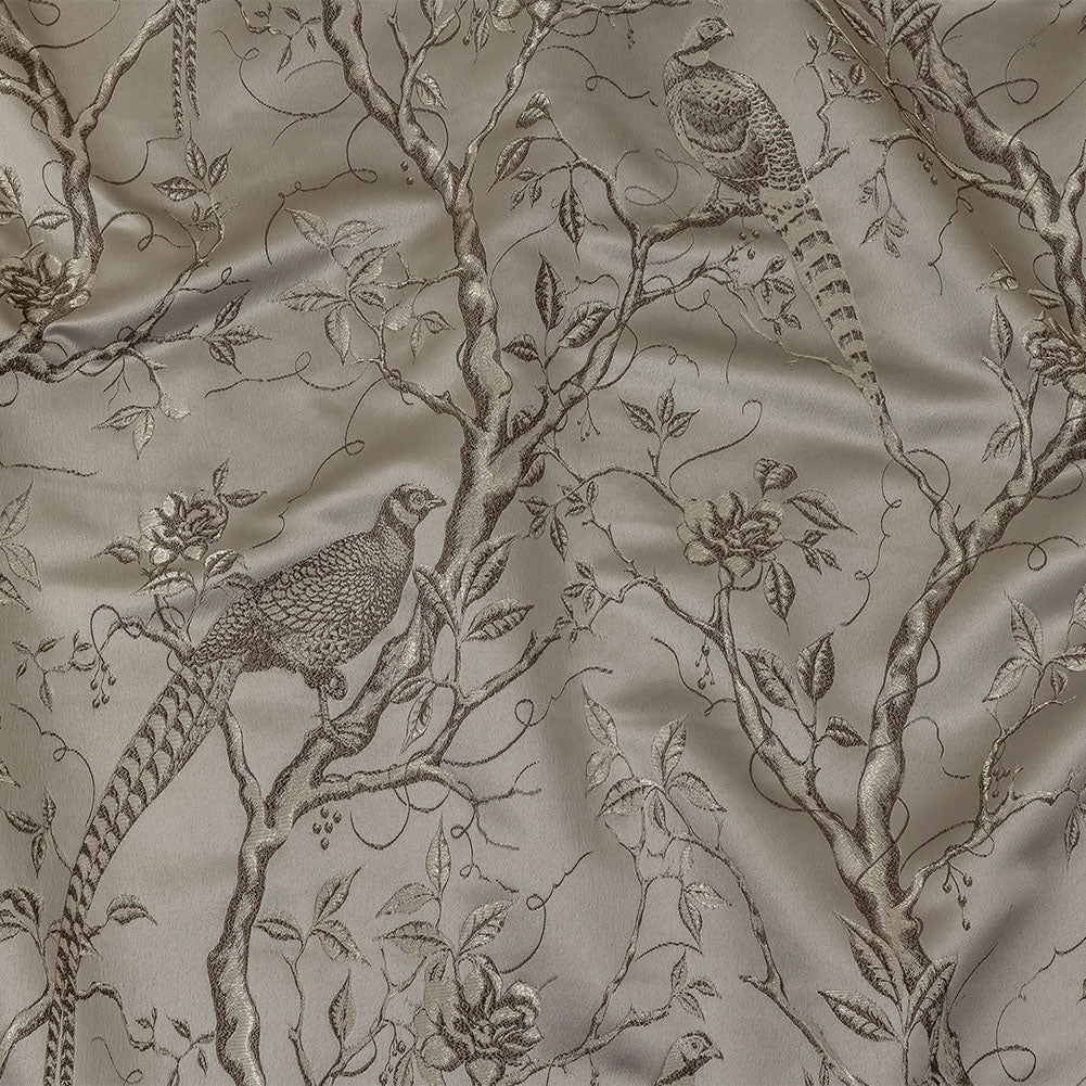 Drapery Jacquard - Silver Perched Peacocks on Branches - British Imported - Joann Fabrics