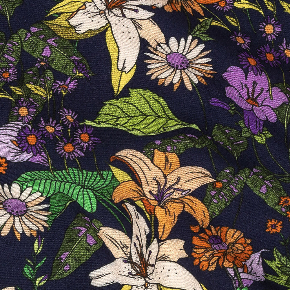 Rayon Batiste Print - Navy, Orange and Green Floral - Mood Exclusive Navy Lifeline Lilies - Joann Fabrics
