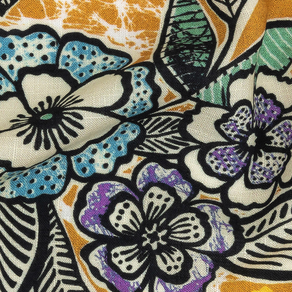 Slubbed Viscose Woven Print - Golden Orange and Blue Floral - Mood Exclusive Blackened Buds - Joann Fabrics