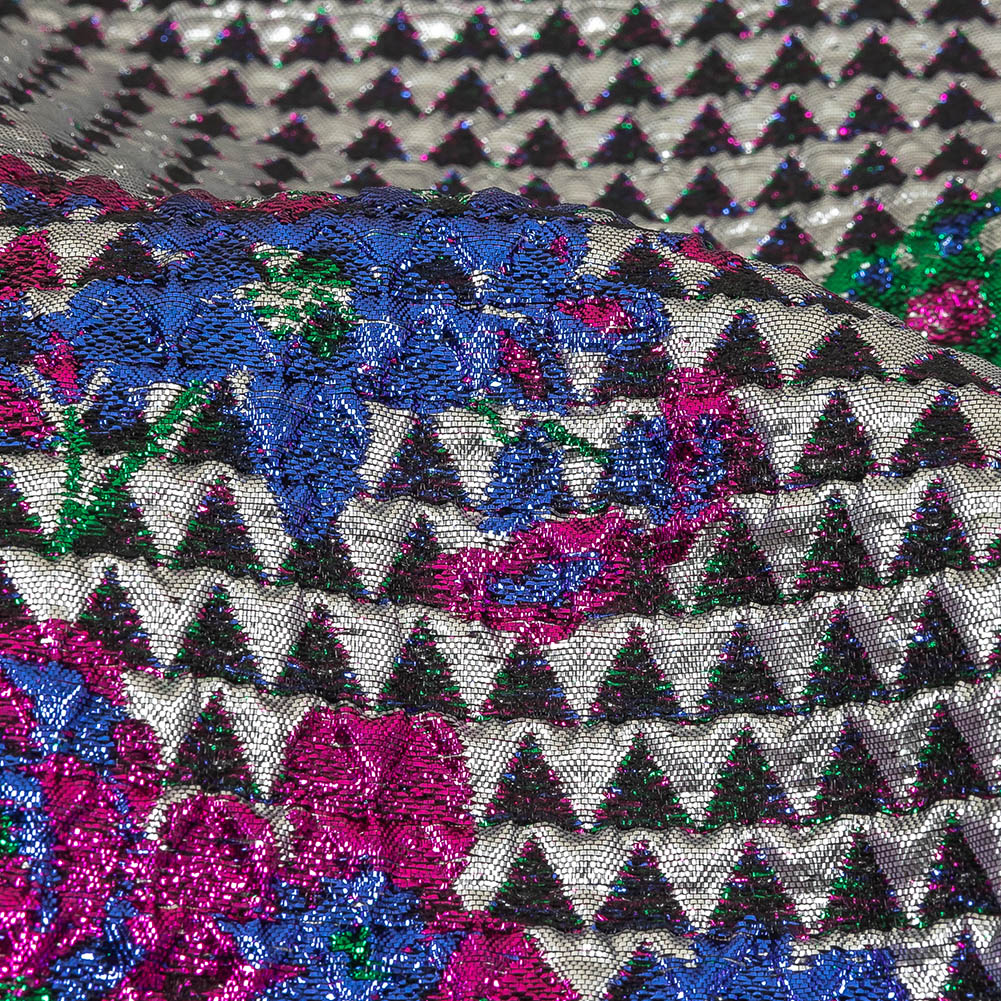 Metallic Silver, Pink and Blue Floral Triangles Quilted Look Luxury Brocade - Joann Fabrics