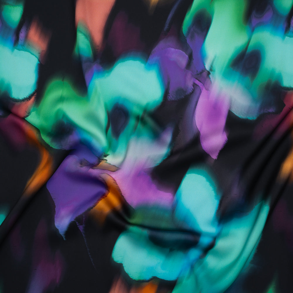 Polyester Satin - Black, Purple and Green Painterly Blurred Florals - Mood Exclusive Blazing Blur Print - Joann Fabrics