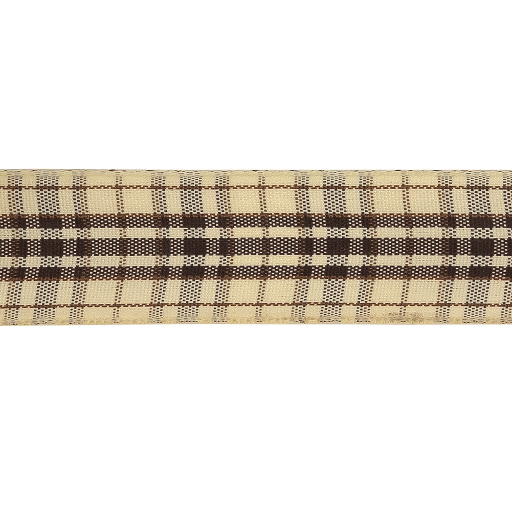 Brown Stone, Tan and Vanilla Ice Plaid Woven Ribbon - 1