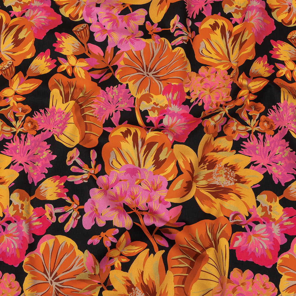 Stretch Cotton Sateen - Black, Pink and Yellow Floral - Tangerine Dreams Print - Mood Exclusive Citrus Collection - Joann Fabrics