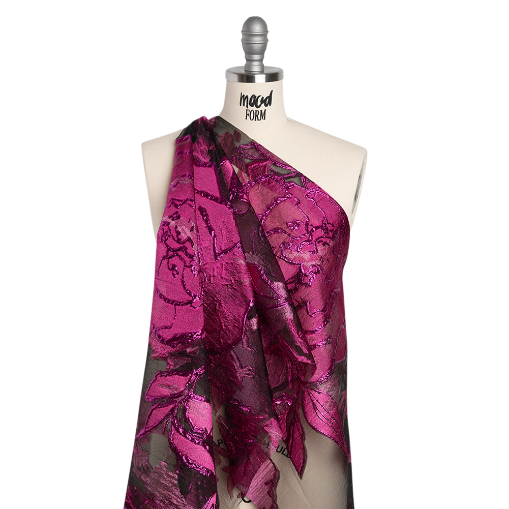Metallic Burnout Brocade - Hot Pink, Black and Magenta Roses and Hyacinths - Joann Fabrics