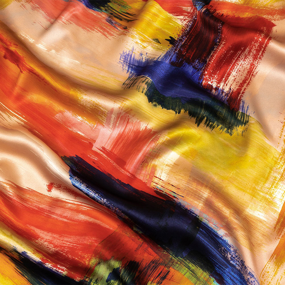 Mood Exclusive Italian Ivory, Red and Black Iris Painterly Abstraction Silk Charmeuse - Joann Fabrics