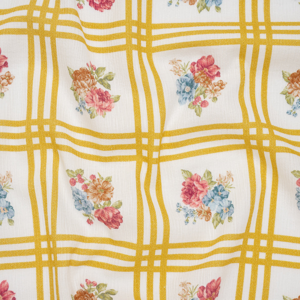 Slubbed Gauzy Cotton Woven - Yellow Ochre, Red and Blue Check with Flower Bouquets - Mood Exclusive Banquet Bouquet Print - Joann Fabrics