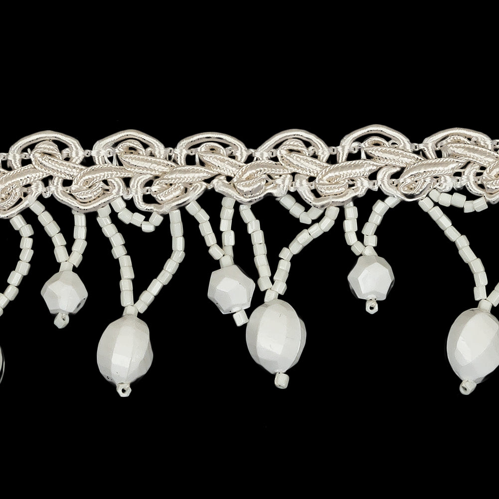 Vintage Chalk White Faceted Round and Chop Beaded Fringe on White Gimp Braid - 1.5