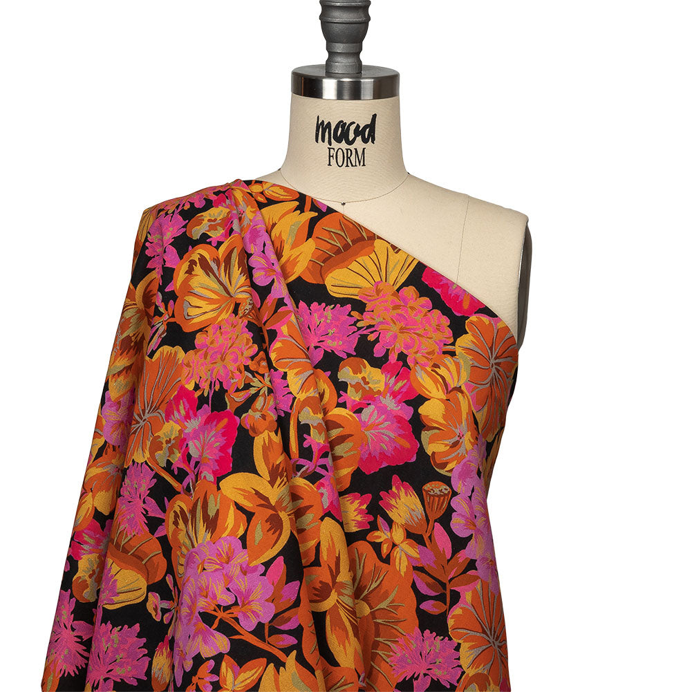 Linen and Rayon Woven - Black, Pink and Yellow Floral - Tangerine Dreams Print - Mood Exclusive Citrus Collection - Joann Fabrics