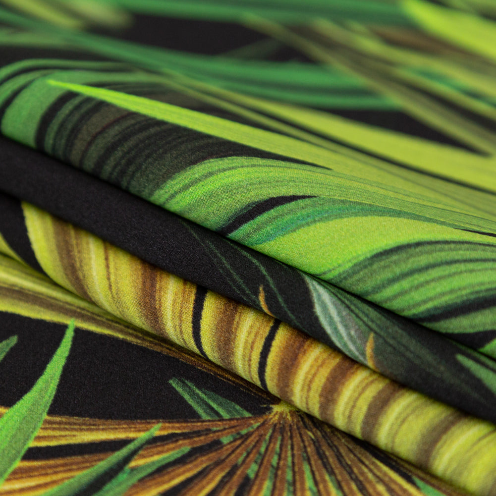 Mood Exclusive Italian Green and Black Palm Leaves Digitally Printed Silk Charmeuse Panel - Joann Fabrics