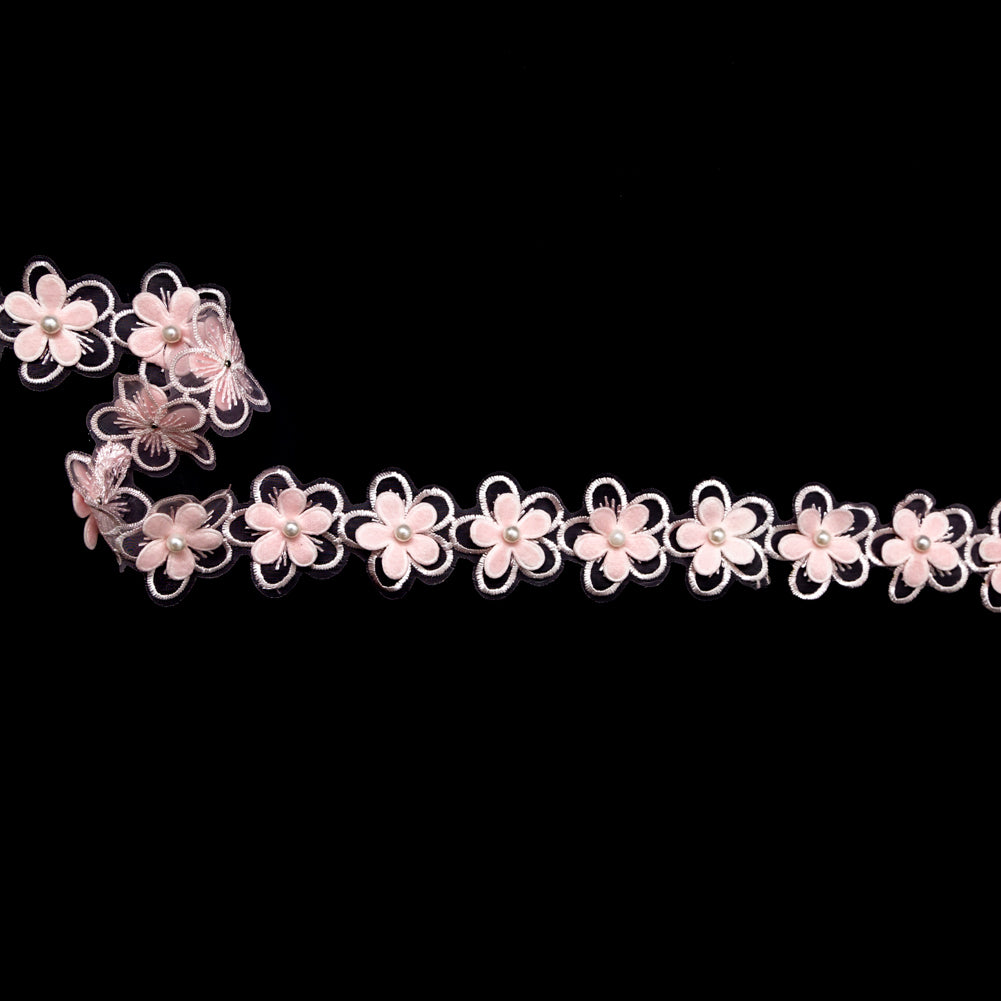 3D Peach Embroidered Organza Floral Pearl Trim - 1.5