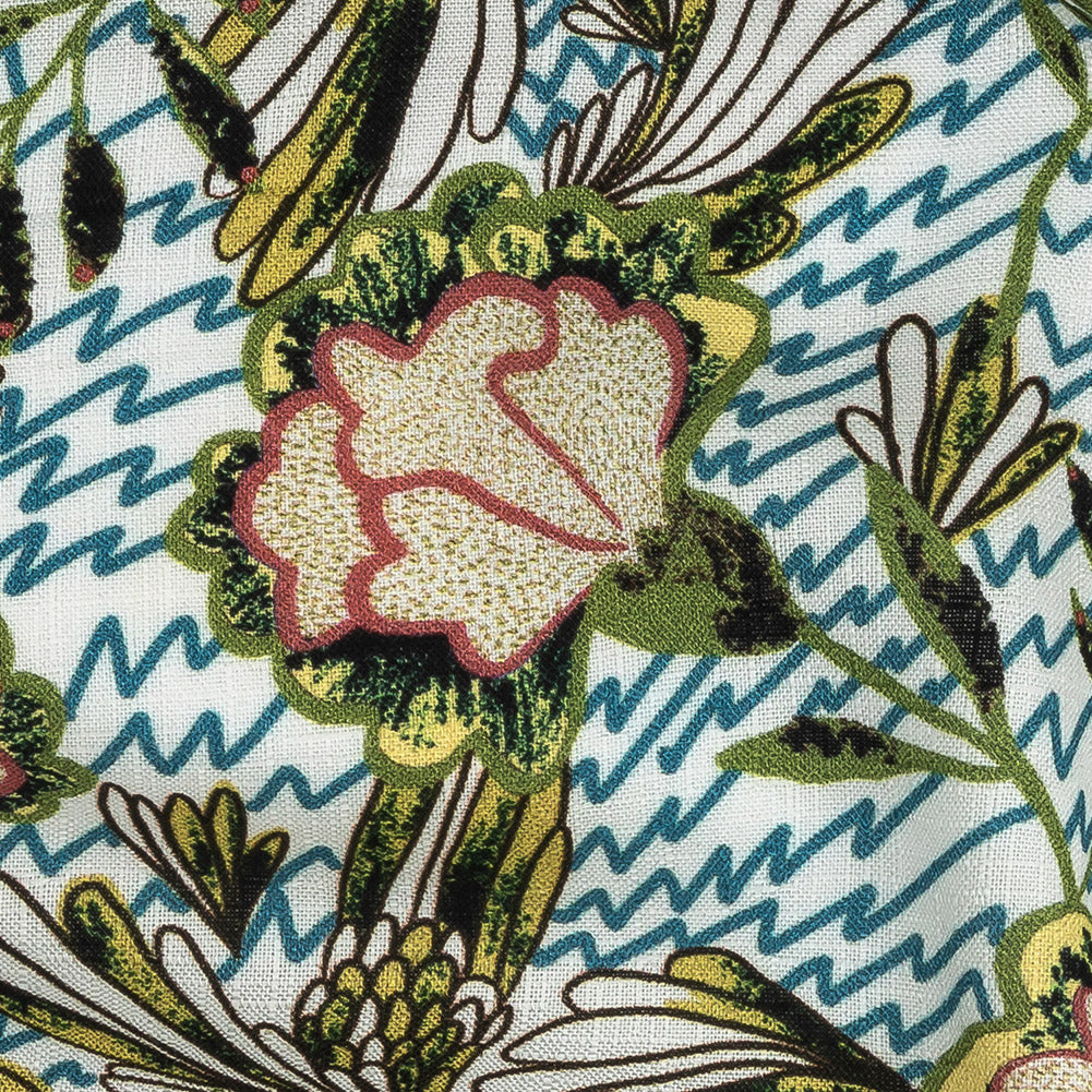 Slubbed Viscose Woven Print - Turquoise and Green Floral and Zig Zag - Mood Exclusive Retro Blossoms - Joann Fabrics