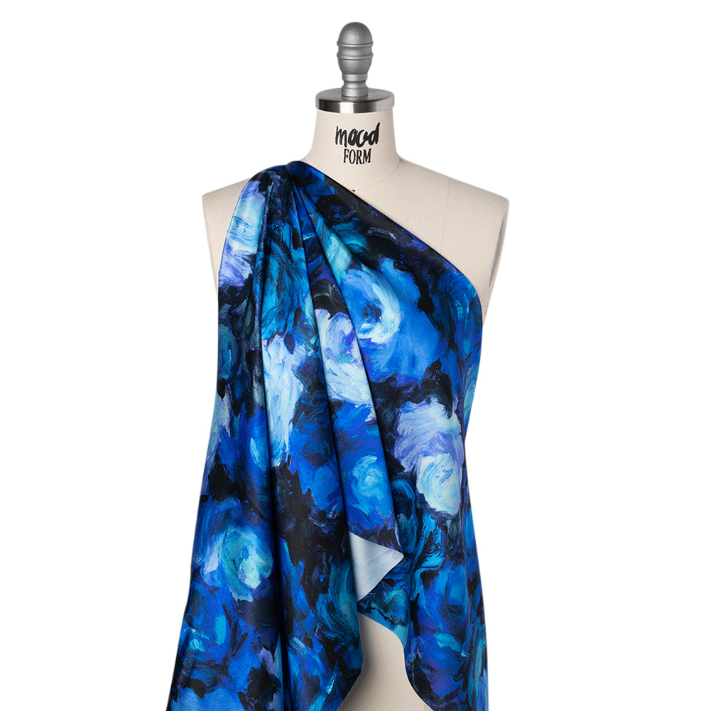 Silk Charmeuse Print 16MM, Made in Italy - Sky Blue, Phthalo and Navy Painted Roses - Joann Fabrics