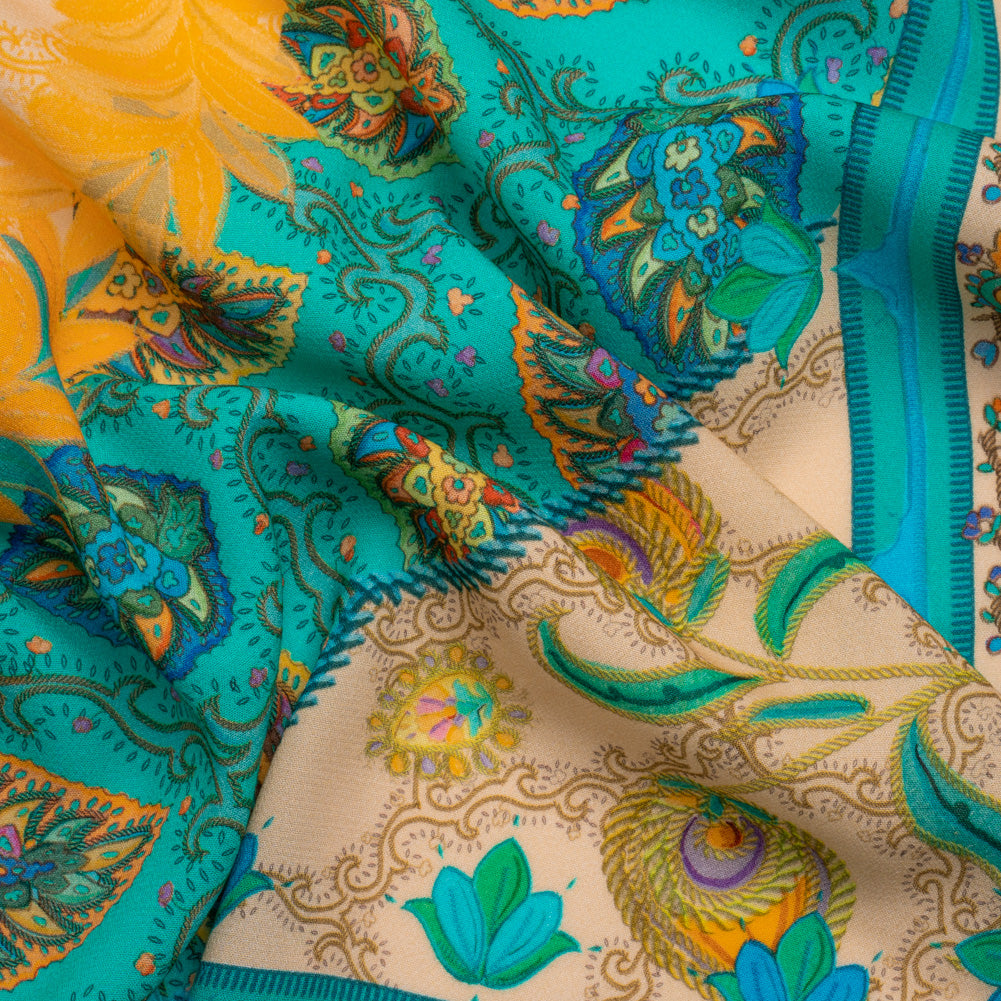 Viscose Crepe Panel - Teal and Golden Orange Fancy Leaves - Mood Exclusive Peacock Gardens - Joann Fabrics