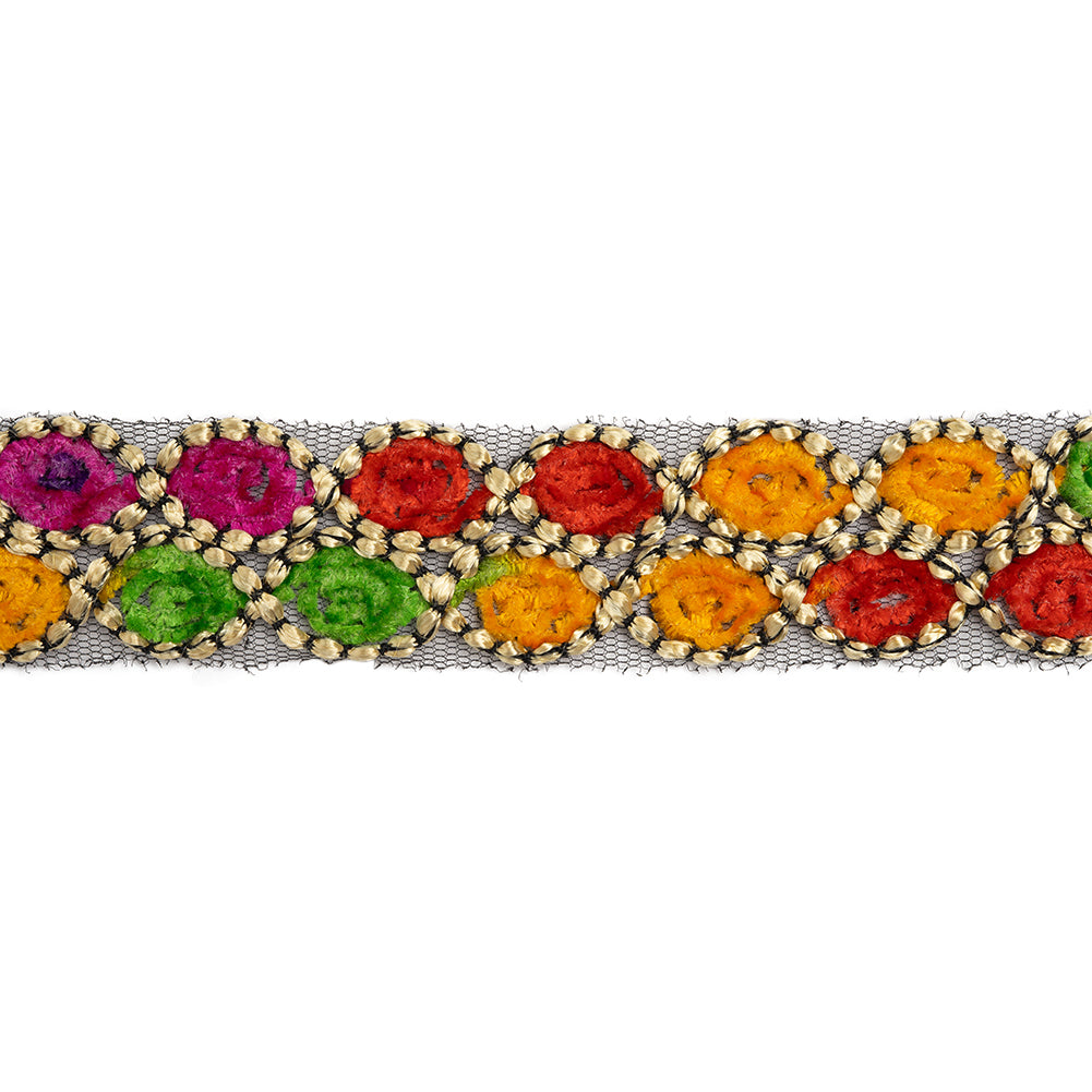 Yaya Han Chenille Embroidered Trim - Beige and Multicolor 2 Rows of Eyes, 1.125
