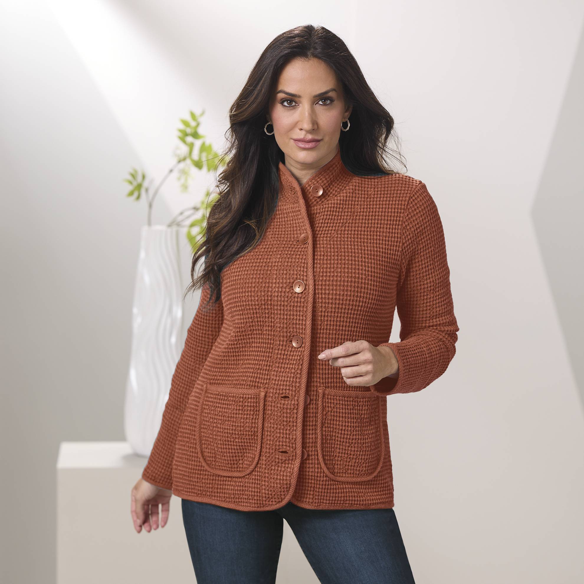 Waffle-Weave Mandarin-Collar Cotton Jacket, Pockets - Northstyle Catalog