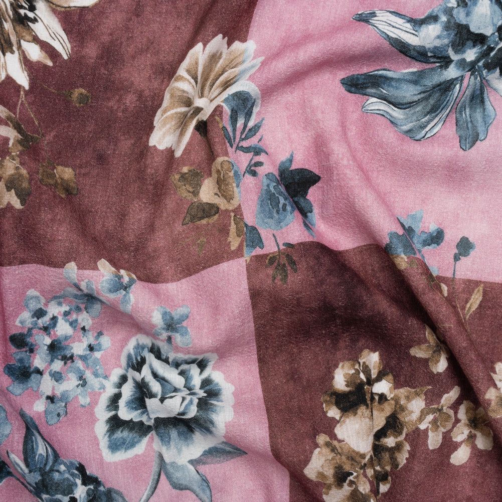 Slubbed Gauzy Cotton Woven - Rose, Brown and Blue Big Floral Checkerboard - Mood Exclusive Checkerbloom Print - Joann Fabrics